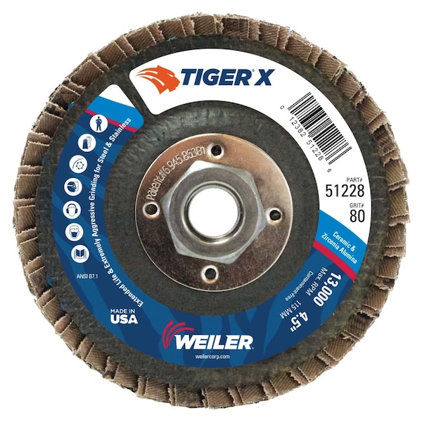 Weiler 4-1/2" Tiger X Flap Disc, Flat (TY27), Phenolic Backing, 80Z, 5/8-11" 51228 - main